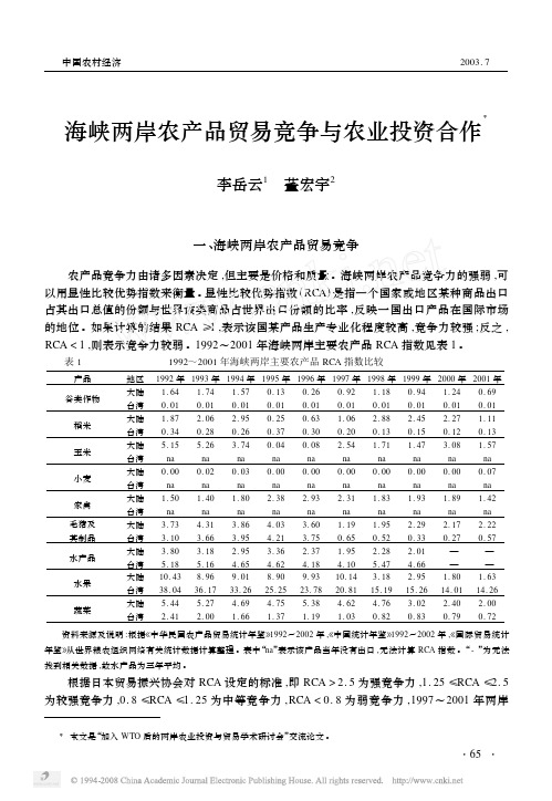 海峡两岸农产品贸易竞争与农业投资合作