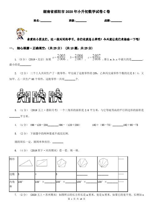 湖南省邵阳市2020年小升初数学试卷C卷(模拟)