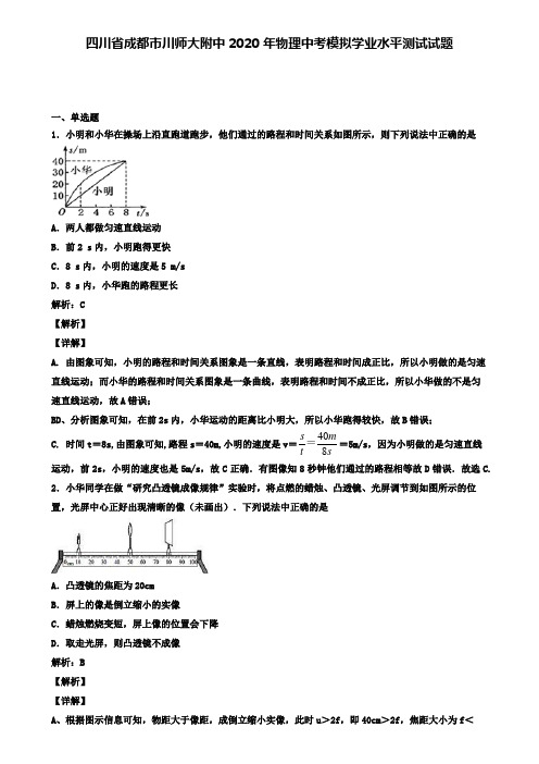 四川省成都市川师大附中2020年物理中考模拟测试试题(含答案有解析)