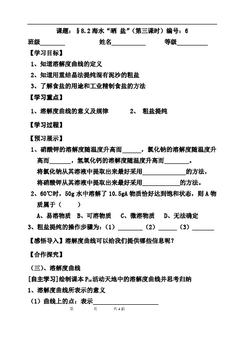 鲁教版九年级化学《海水“晒 盐”》(第三课时导学案