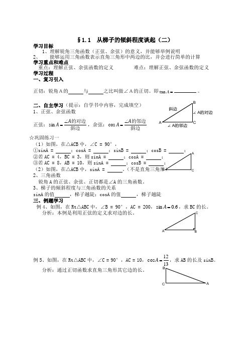 §1.1  从梯子的倾斜程度谈起(二)学案