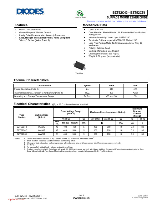 BZT52C43-7-F;BZT52C51-7-F;BZT52C47-7-F;BZT52C43-13;BZT52C43-7;中文规格书,Datasheet资料