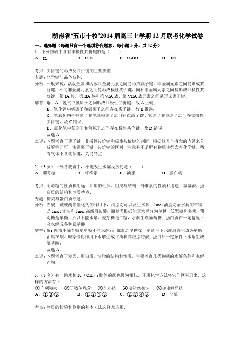 湖南省“五市十校”高三上学期12月联考化学试题 Word