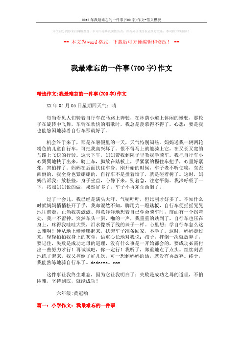 2018年我最难忘的一件事(700字)作文-范文模板 (5页)