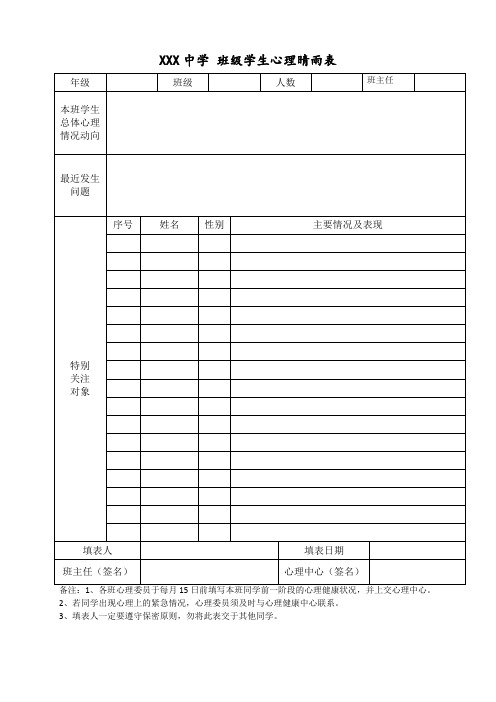 中小学心理健康教育班级学生心理晴雨表