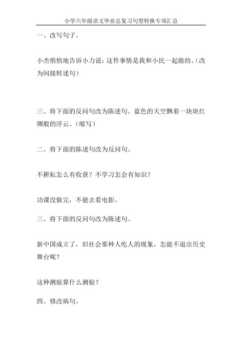 小学六年级语文毕业总复习句型转换专项汇总21