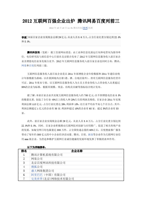 2012互联网百强企业出炉 腾讯网易百度列前三