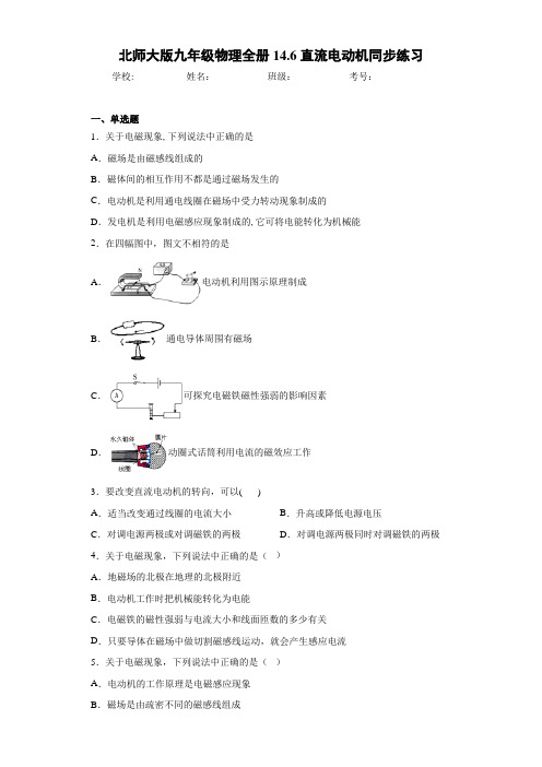 北师大版九年级物理全册14.6直流电动机同步练习