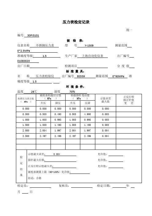 压力表检定记录