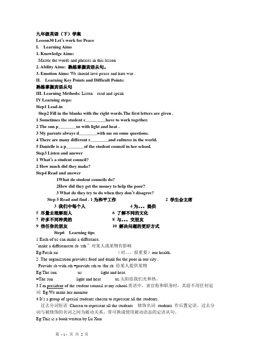 英语：Unit 4 Work for Peace lesson30 学案(冀教版九年级下)