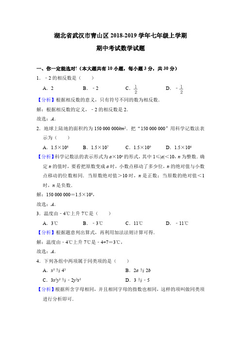 湖北省武汉市青山区2018-2019学年七年级上学期期中考试数学试题(解析版)