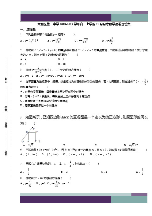 太和区第一中学2018-2019学年高三上学期11月月考数学试卷含答案