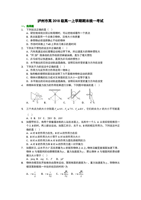 四川泸州市高2018级高一上学期期末统一考试