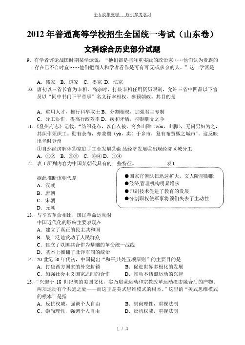 2012年高考(山东卷)历史部分