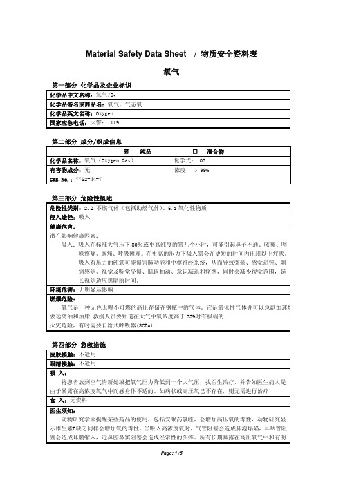 MSDS O2(氧气)