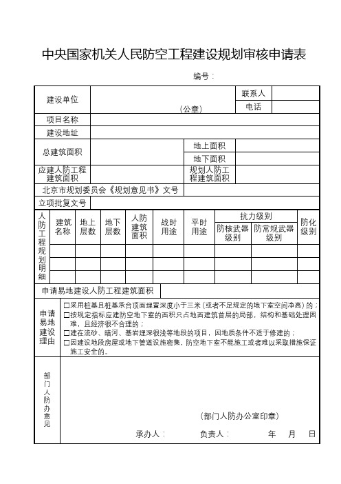 中央国家机关人民防空工程建设规划审核申请表【模板】