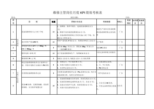 维修主管岗位月度KPI绩效考核表