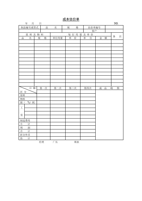 成本估价单