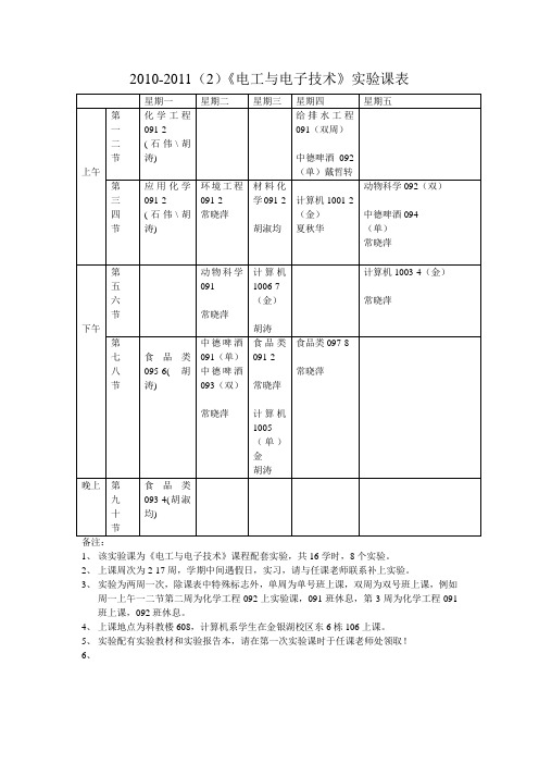 《电工与电子技术》实验课表