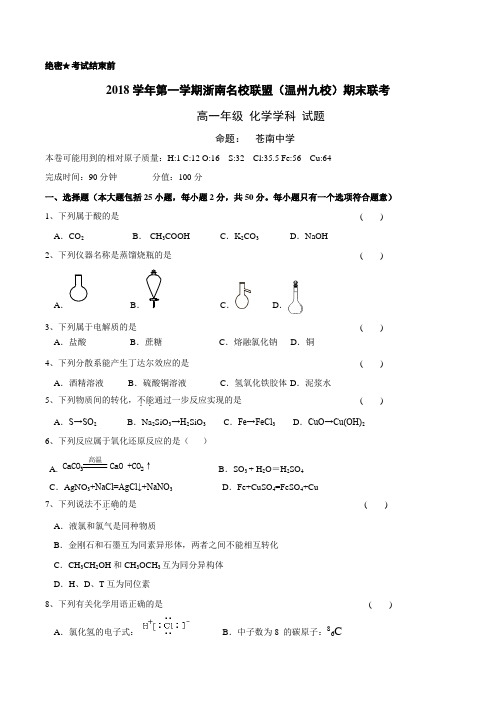 【浙南名校联盟高一联考】浙江省浙南联盟(温州九校)2018-2019学年高一上期期末联考 化学(含答案)