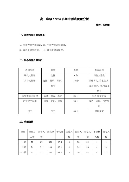 高一年级语文期中测试质量分析