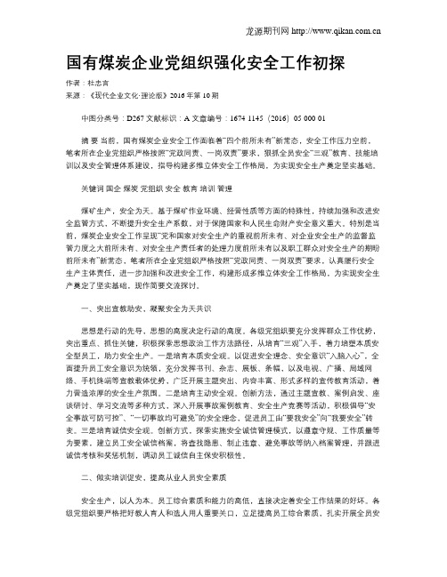 国有煤炭企业党组织强化安全工作初探