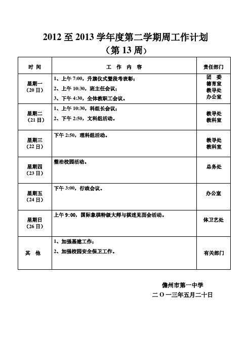 2012至2013学第二学期周工作计划