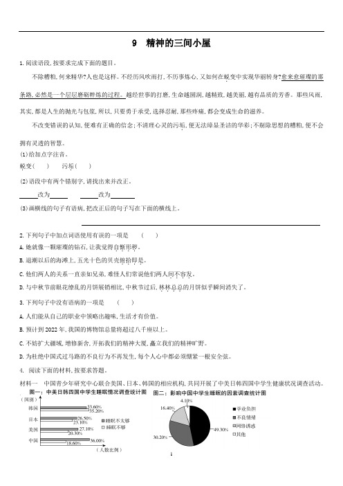 初中语文 人教部编版九年级上册同步培优练9 精神的三间小屋