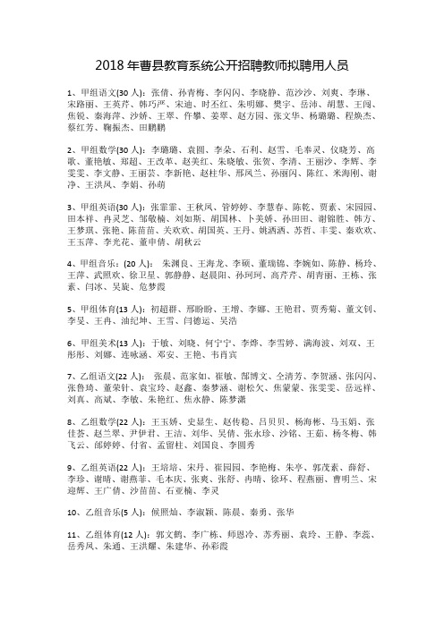 2018年曹县教育系统公开招聘教师拟聘用人员