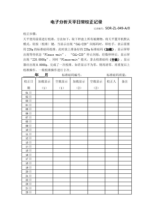 电子分析天平日常校正记录