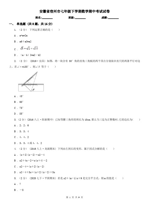 安徽省宿州市七年级下学期数学期中考试试卷