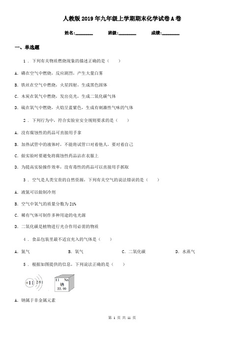 人教版2019年九年级上学期期末化学试卷A卷
