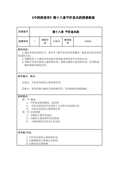 《中药药理学》第十八章平肝息风药授课教案