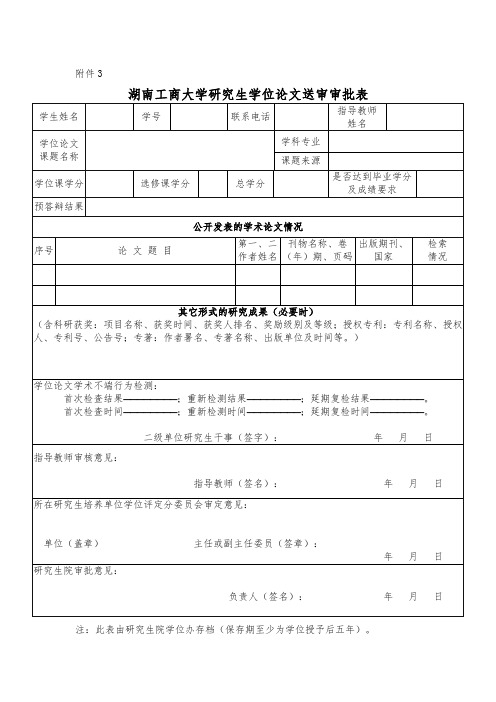湖南工商大学研究生学位论文送审资格审批表
