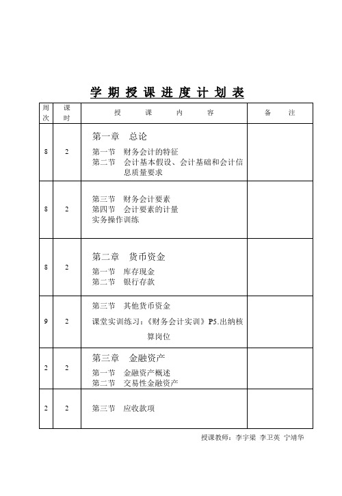 10级财务会计(二)学期授课进度计划表