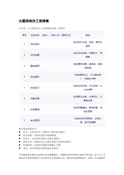 大型活动分工安排表