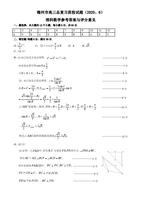2020年梅州市高三总复习质检(二)理科数学试卷答案