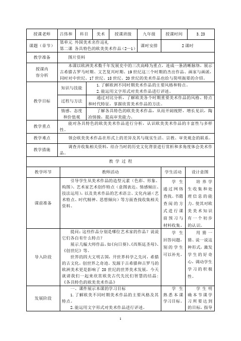 《各具特色的欧美美术作品》教学案和资料剖析