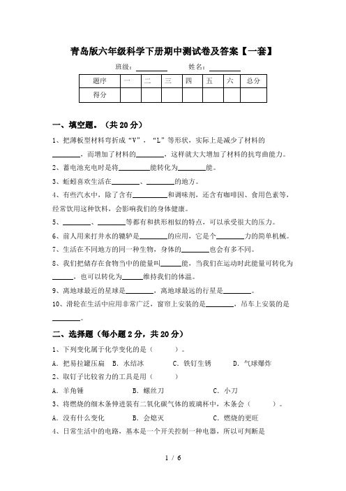 青岛版六年级科学下册期中测试卷及答案【一套】