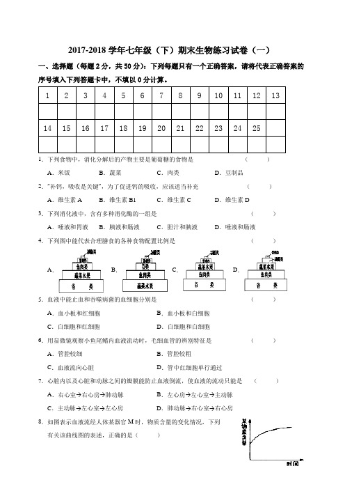 【试卷】2017-2018学年七年级(下)期末生物试卷(一)及答案