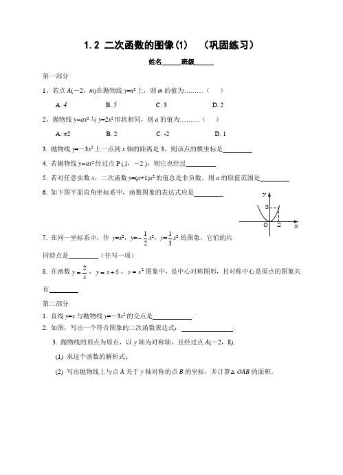 浙教版九年级数学上册练习：1.2 二次函数的图像(1)