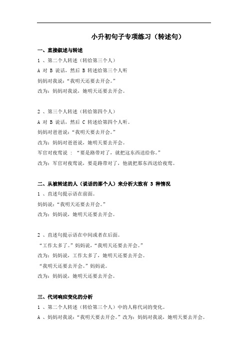 小升初语文类型题练习 句子练习转述句 (人教部编版,含答案)