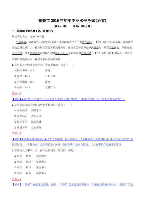山东省莱芜市2016年中考语文试卷及答案解析