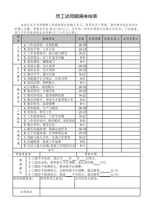 员工试用期满考核表