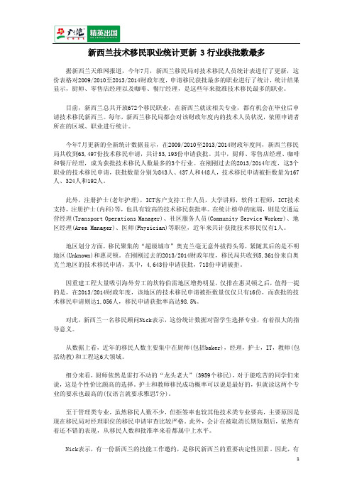 新西兰技术移民职业统计更新 3行业获批数最多