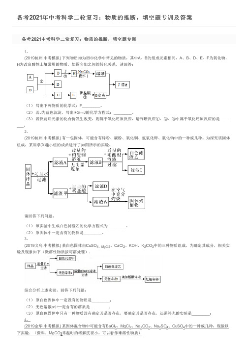 备考2021年中考科学二轮复习：物质的推断,填空题专训及答案