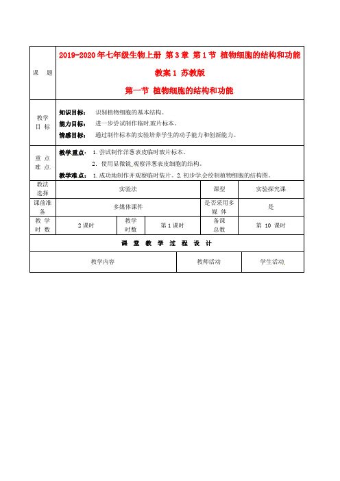 2019-2020年七年级生物上册 第3章 第1节 植物细胞的结构和功能教案1 苏教版.doc