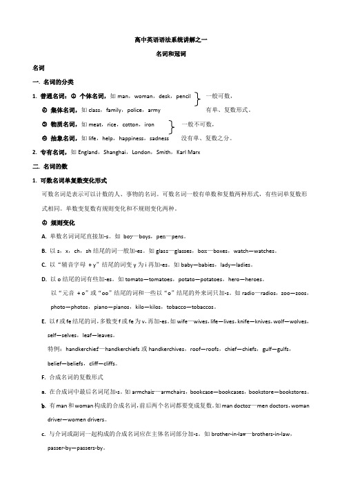 高考英语语法系统讲解之一名词和冠词专题学案