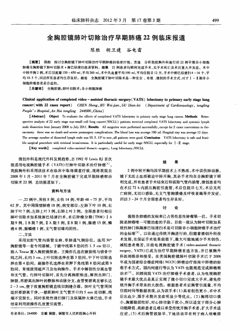 全胸腔镜肺叶切除治疗早期肺癌22例临床报道
