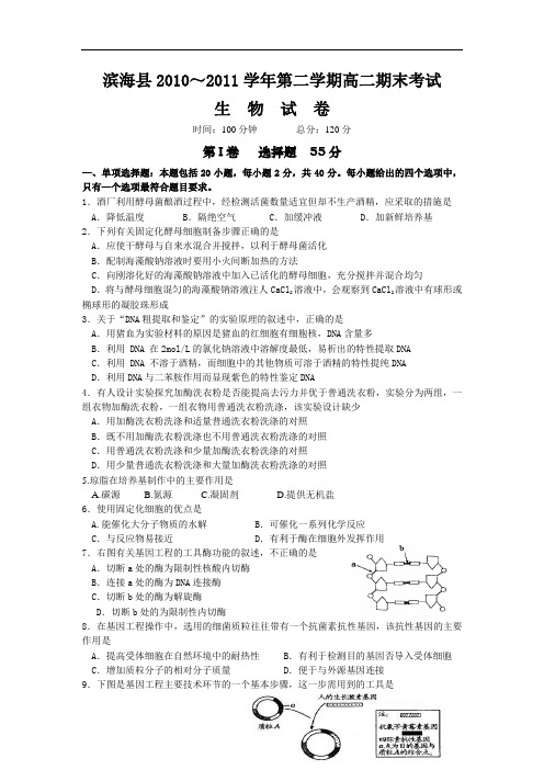滨海县2010～2011学年第二学期高二期末考试